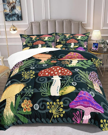 Mushroom Comforter for Girls Boys Teen, Cartoon Fungus Bedding Set Full Size, Cute Plants Pattern Black Comforter Set Soft Breathable Microfiber Quilt for All Season 3Pcs with Pillowcases - LeafyLoom