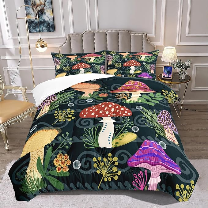 Cartoon Mushrooms Bedding Set, Girls Boys Ultra Soft Comforter Set Queen Size, Cute Plants Printed Quilt for Teens, Lovely Black Microfiber Comforter for All Season 3Pcs with Pillowcases - LeafyLoom