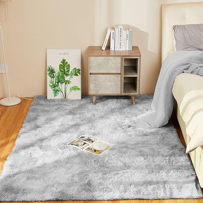 YOBATH Fluffy Rugs for Living Room, Shag Area Rugs for Bedroom 4x6 Feet, Indoor Modern Bedside Rug for Kids Girls Boys Room, Shag Carpet for Dorm Nursery Room, Light Grey - LeafyLoom