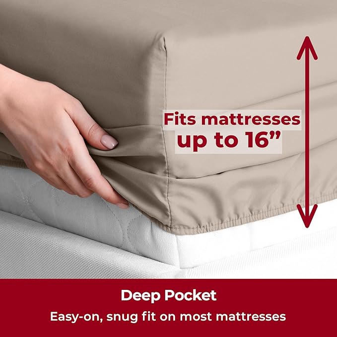 Mellanni Twin Sheets Set - 3 PC Iconic Collection Bedding Sheets & Pillowcases - Hotel Luxury, Extra Soft, Cooling Bed Sheets - Deep Pocket up to 16 inch (Twin, Tan) - LeafyLoom