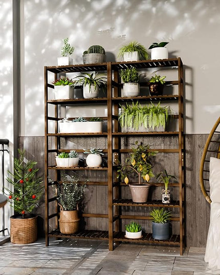 Bookcase, Bamboo Bookshelf, 6-Tier Adjustable Tall Open Book Shelf, Free Standing Storage Shelves Organizer, Flower Plant Display Stand, Walnut - LeafyLoom