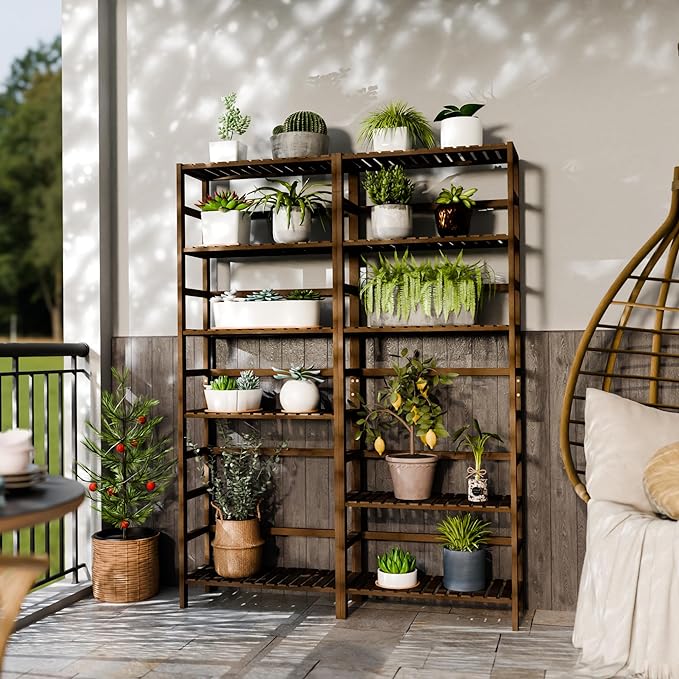 Bookcase, Bamboo Bookshelf, 6-Tier Adjustable Tall Open Book Shelf, Free Standing Storage Shelves Organizer, Flower Plant Display Stand, Walnut - LeafyLoom