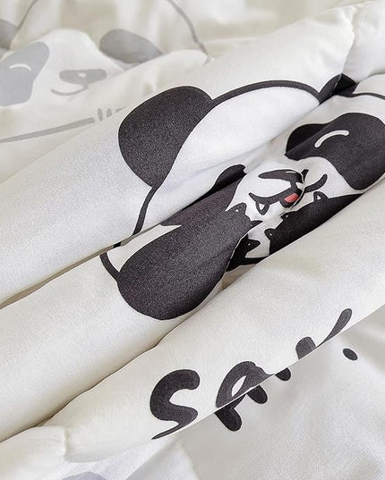 7 Piece Kids Panda Comforter Set Full Size - Black White Cute Panda Bedding Set Bed in A Bag for Girls Boys Teens - Soft Comfortable Machine Washable Bed Set - LeafyLoom