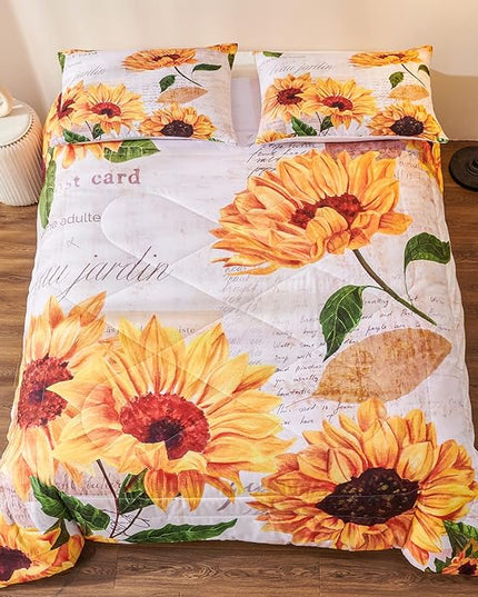 Sunflower Comforter Sets,Seamless Pattern with Hand Drawn Vibrant Yellow Watercolor Sunflowers on The Background,Decorative Bedding Comforter Sets with 2 Pillow Shams, Twin Size - LeafyLoom