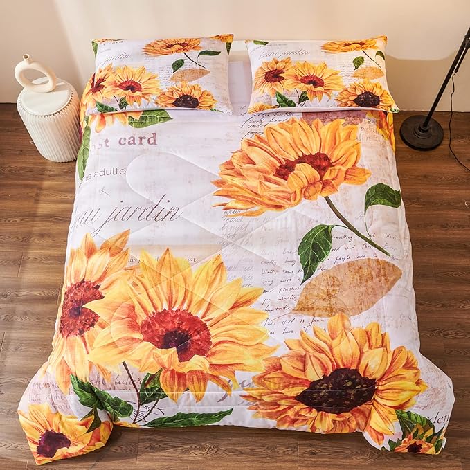 Sunflower Comforter Sets,Seamless Pattern with Hand Drawn Vibrant Yellow Watercolor Sunflowers on The Background,Decorative Bedding Comforter Sets with 2 Pillow Shams, Twin Size - LeafyLoom