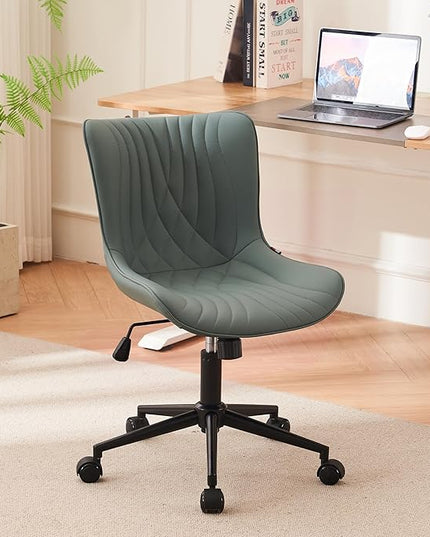 YOUNIKE Office Chair Armless Desk Chair with Wheels, Home Office Computer Task Chair, Modern Faux Leather Upholstered Vanity Chair, Adjustable Swivel Rolling Office Chairs, Greyishgreen - LeafyLoom