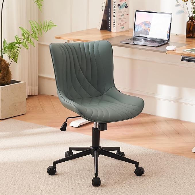 YOUNIKE Office Chair Armless Desk Chair with Wheels, Home Office Computer Task Chair, Modern Faux Leather Upholstered Vanity Chair, Adjustable Swivel Rolling Office Chairs, Greyishgreen - LeafyLoom