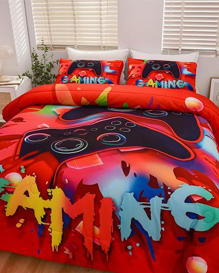 Aimuan Gaming Comforter Sets for Boys Kids Bedding Sets Video Games Console Action Buttons Novelty Colorful Game Gamepad Controller Modern Gamer Room Decor Home Quilt Set (Queen, Red) - LeafyLoom