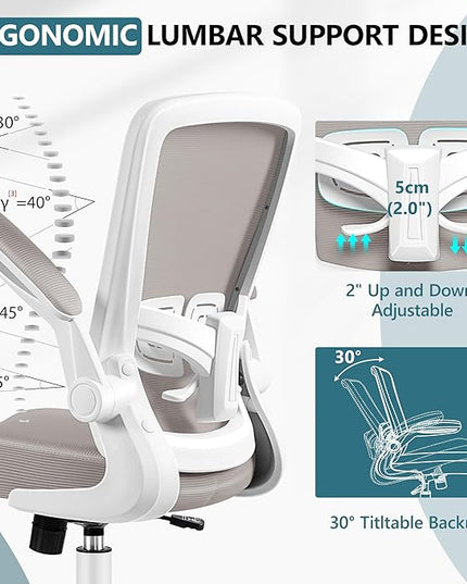 MINLOVE Office Chair Ergonomic Desk Chair with Adjustable Lumbar Support and Height, 90° Flip-up Armrests, Ergo Desk Chairs with Wheels, 360° Swivel Mesh Chair, Home Work Use (Gray) - LeafyLoom