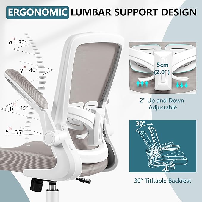 MINLOVE Office Chair Ergonomic Desk Chair with Adjustable Lumbar Support and Height, 90° Flip-up Armrests, Ergo Desk Chairs with Wheels, 360° Swivel Mesh Chair, Home Work Use (Gray) - LeafyLoom