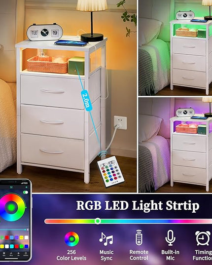 Yoobure Night Stand with Charging Station, 16 Colors LED Nightstand with USB Ports and Outlets, End Table with 3 Fabric Drawers and Storage Shelf, Bedside Tables Small Dresser for Small Space White - LeafyLoom