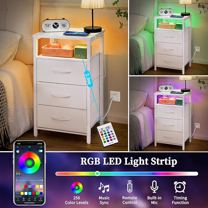 Yoobure Night Stand with Charging Station, 16 Colors LED Nightstand with USB Ports and Outlets, End Table with 3 Fabric Drawers and Storage Shelf, Bedside Tables Small Dresser for Small Space White - LeafyLoom