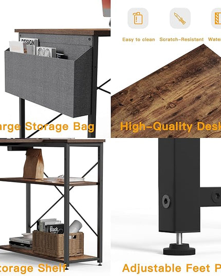 Small Computer Desk with Power Outlets, 40 Inch L Shaped Desk with Reversible Shelves, Gaming Desk Corner Desk Study Writing Desk for Home Office Bedroom Small Space, Rustic Brown - LeafyLoom