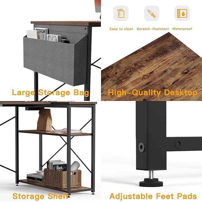 Small Computer Desk with Power Outlets, 40 Inch L Shaped Desk with Reversible Shelves, Gaming Desk Corner Desk Study Writing Desk for Home Office Bedroom Small Space, Rustic Brown - LeafyLoom