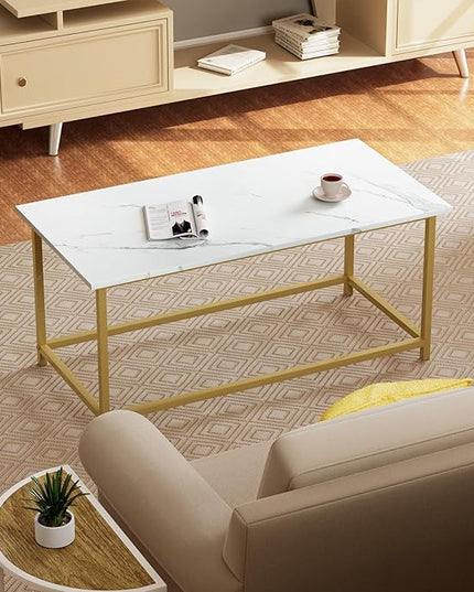 SAYGOER White Faux Marble Coffee Table Simple Modern Rectangular Coffee Tables Open Design Minimalist Center Table for Living Room Office, 39.37 x 19.69 x 17.72, White Gold - LeafyLoom