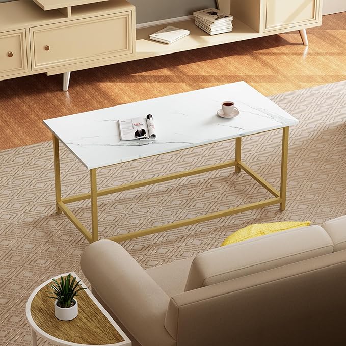 SAYGOER White Faux Marble Coffee Table Simple Modern Rectangular Coffee Tables Open Design Minimalist Center Table for Living Room Office, 39.37 x 19.69 x 17.72, White Gold - LeafyLoom