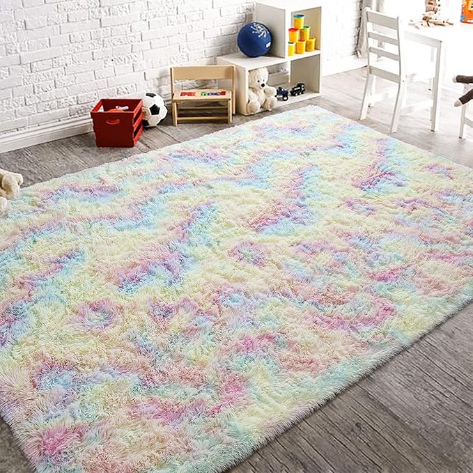 AROGAN 6x9 Feet Soft Rainbow Area Rugs for Girls Room, Fluffy Girls Bedroom Rugs, Princess Rug, Cute Colorful Carpet for Kids Teens Nursery Toddler, Pink - LeafyLoom