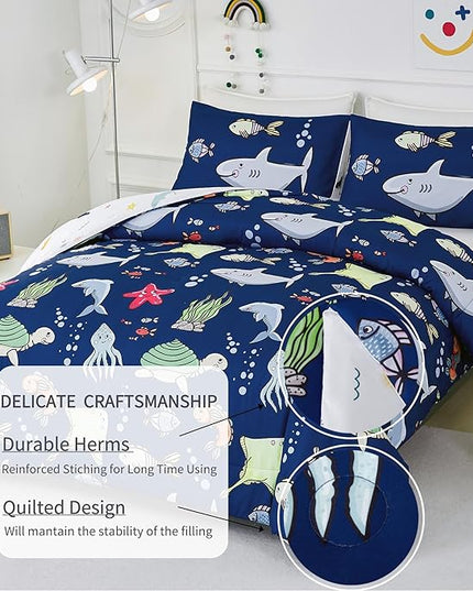 RYNGHIPY Kids Bedding Set for Full Bed Reversible Ocean Animals Print Comforter Set for Boys Girls Easy-Wash Super Soft Microfiber Bed Set (Navy Ocean,Full) - LeafyLoom