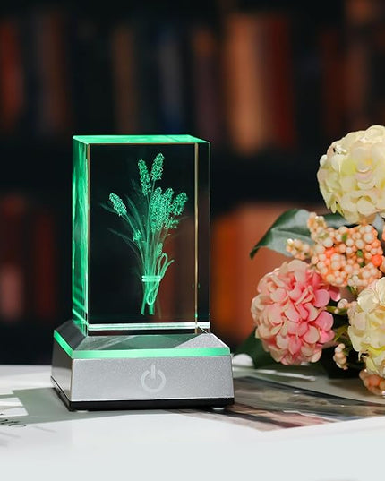 3D Crystal Lavender Gifts For Women - Lavender Flowers with Colorful Light Base Laser Engraved - Fake Flower Lavender Figurines Room Party Classroom Nature Decor Lavendar Statue Decorative Birthday De - LeafyLoom