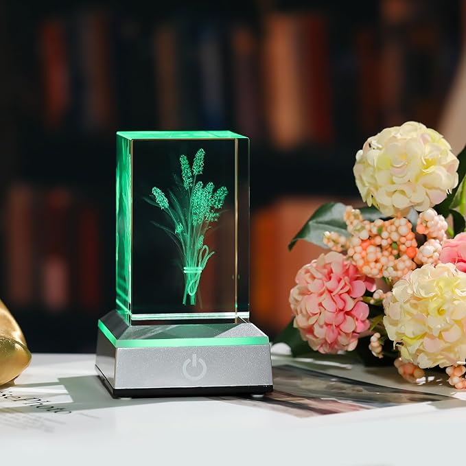 3D Crystal Lavender Gifts For Women - Lavender Flowers with Colorful Light Base Laser Engraved - Fake Flower Lavender Figurines Room Party Classroom Nature Decor Lavendar Statue Decorative Birthday De - LeafyLoom