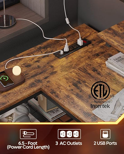 Bestier Small L Shaped Desk with Charging Port & LED Strip,Modern Computer Desk with Reversible Storage Shelves,Corner Desk with Hooks for Bedroom Office Studio Workstation,Rustic Brown - LeafyLoom