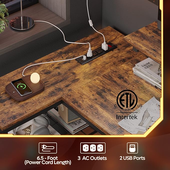 Bestier Small L Shaped Desk with Charging Port & LED Strip,Modern Computer Desk with Reversible Storage Shelves,Corner Desk with Hooks for Bedroom Office Studio Workstation,Rustic Brown - LeafyLoom