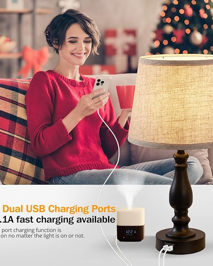 Table Lamps Set of 2, Bedside Nightstand Lamps with USB Charging Ports, 3 Way Dimmable Touch with Linen Fabric Lampshade, Modern Small Lamp for Bedrooms, Living Room (Bulbs Included) - LeafyLoom