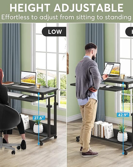 Tribesigns Portable Desk for Sofa and Bed, Height Adjustable Mobile Laptop Table Small Standing Desk Rolling Computer Cart with Keyboard Tray on Wheels for Home Office (Black) - LeafyLoom