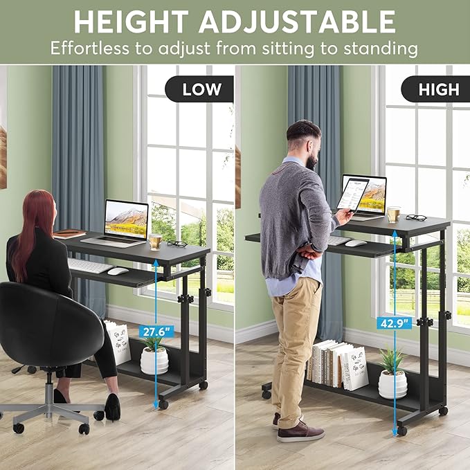 Tribesigns Portable Desk for Sofa and Bed, Height Adjustable Mobile Laptop Table Small Standing Desk Rolling Computer Cart with Keyboard Tray on Wheels for Home Office (Black) - LeafyLoom