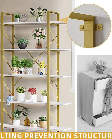 YITAHOME 5 Tier Gold Bookshelf, 70.9" Tall Modern Wide Bookcase, Open Storage Rack Shelves in Living Room/Bedroom/Home/Office, Books Holder Organizer for Books/Plants, Gold & White - LeafyLoom