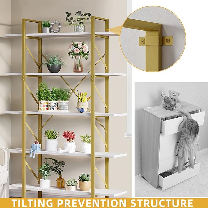 YITAHOME 5 Tier Gold Bookshelf, 70.9" Tall Modern Wide Bookcase, Open Storage Rack Shelves in Living Room/Bedroom/Home/Office, Books Holder Organizer for Books/Plants, Gold & White - LeafyLoom