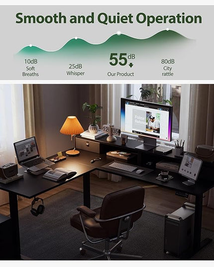 L shaped Electric Standing Desk with 2 Drawers, 63 Inch Ergonomic Adjustable Height Desk with Storage, Corner Desk Sit Stand up Computer Table for Work Office Home, Black - LeafyLoom