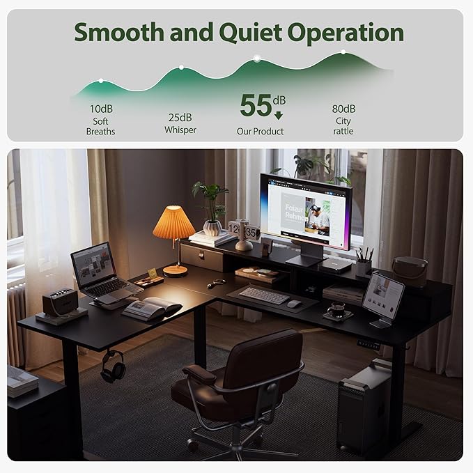 L shaped Electric Standing Desk with 2 Drawers, 63 Inch Ergonomic Adjustable Height Desk with Storage, Corner Desk Sit Stand up Computer Table for Work Office Home, Black - LeafyLoom