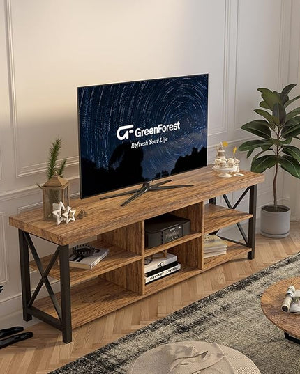 GreenForest TV Stand for TV up to 65 inches, Entertainment Center with 6 Storage Cabinet for Living Room, 55 inch Farmhouse Television Stands Console Table, TV stands for Living Room, Walnut - LeafyLoom