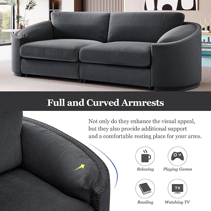Morden Stylish 3-Seat Upholstered Couch Linen Fabric Nailhead Decor Sofa&Couch with Thicker Cushions and Armrests for Home Office Apartment Living Room, 91", Gray-337 - LeafyLoom