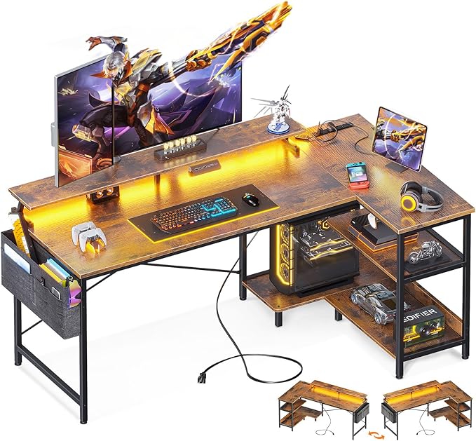 ODK 58 Inch Gaming Desk with USB Charging Ports and LED Lights, Reversible L Shaped Computer Desk with Storage Shelves & Monitor Stand, Corner Home Office Desk Table with Power Outlets, Vintage - LeafyLoom