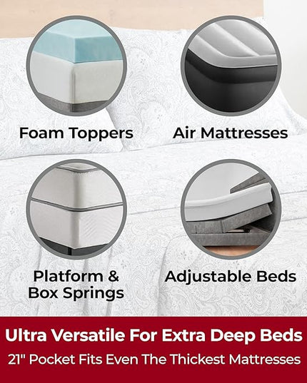 Mellanni Extra Deep Full Sheets - 4 PC Iconic Collection Bedding Sheets & Pillowcases - Hotel Luxury, Ultra Soft, Cooling Bed Sheets - Extra Deep Pocket up to 21 inch (Full, Paisley Gray) - LeafyLoom