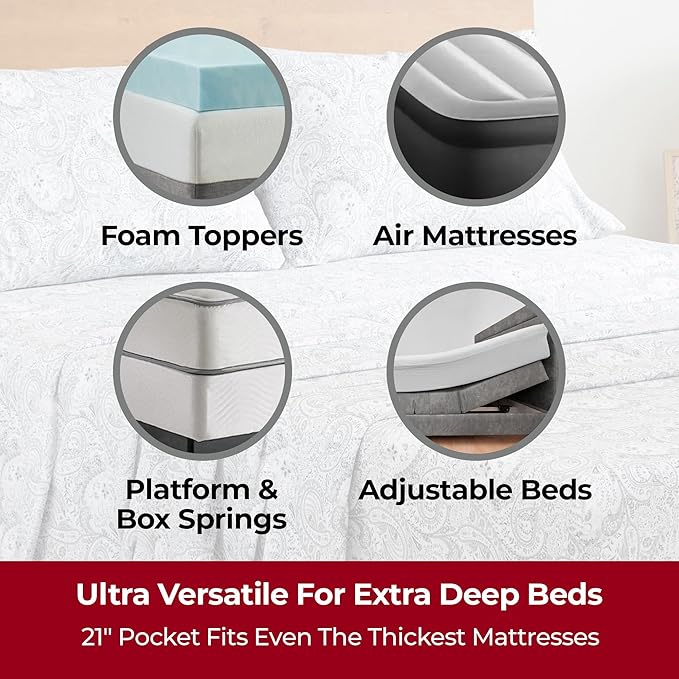 Mellanni Extra Deep Full Sheets - 4 PC Iconic Collection Bedding Sheets & Pillowcases - Hotel Luxury, Ultra Soft, Cooling Bed Sheets - Extra Deep Pocket up to 21 inch (Full, Paisley Gray) - LeafyLoom