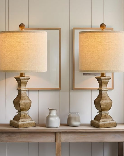 PoKat 20.5" Mid Century Table Lamp Sets of 2 for Living Room Retro Style Farmhouse Table Lamp for Bedroom Classic Beige Resin Bedside Night Light Lamps - LeafyLoom