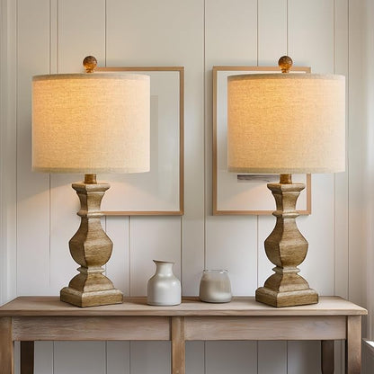 PoKat 20.5" Mid Century Table Lamp Sets of 2 for Living Room Retro Style Farmhouse Table Lamp for Bedroom Classic Beige Resin Bedside Night Light Lamps - LeafyLoom