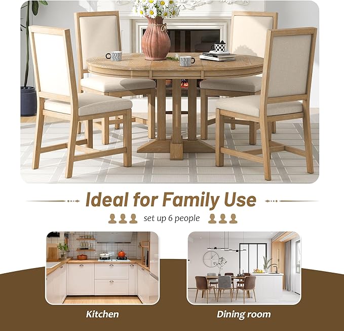 NicBex Small Kitchen Table Set for 4 Round Dining Table Farmhouse Dining Set 5-Piece Dining Set Extendable Round Table and 4 Upholstered Chairs for Kitchen, Natural Wood Wash - LeafyLoom