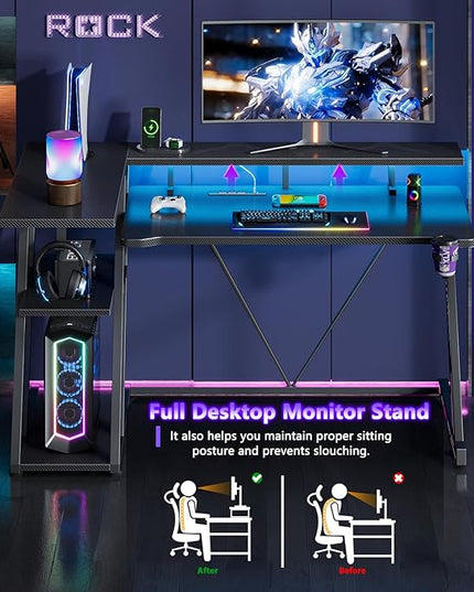 Computer Gaming Desk with Power Outlet & LED Lights, 47 Inch L Shaped Gamer Table with Storage Shelves for Bedroom, Reversible Corner Home Office Desk, Carbon Fiber Black - LeafyLoom