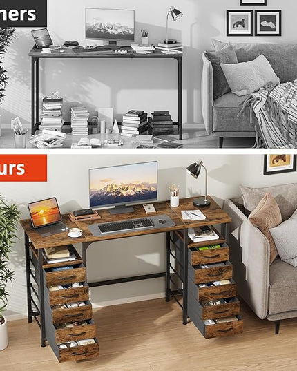 Desk with 10 Fabric Drawers Classified Organizer - 55"/140 Office Desks with Ample Storage, Computer Work Desk Study Writing Table Workstation for Home Office Space Brown - LeafyLoom