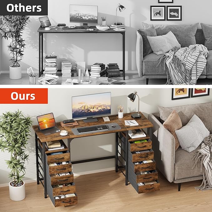 Desk with 10 Fabric Drawers Classified Organizer - 55"/140 Office Desks with Ample Storage, Computer Work Desk Study Writing Table Workstation for Home Office Space Brown - LeafyLoom