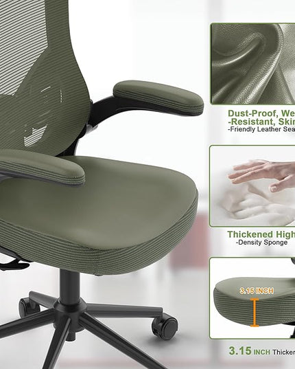 𝑯𝑶𝑴𝑬 𝑶𝑭𝑭𝑰𝑪𝑬 𝑪𝑯𝑨𝑰𝑹, Ergonomic Mesh Desk Chair, High Back Computer Chair- Adjustable Headrest with Flip-Up Arms, Lumbar Support, Swivel Executive Task Chair (Hunter Green, Modern) - LeafyLoom