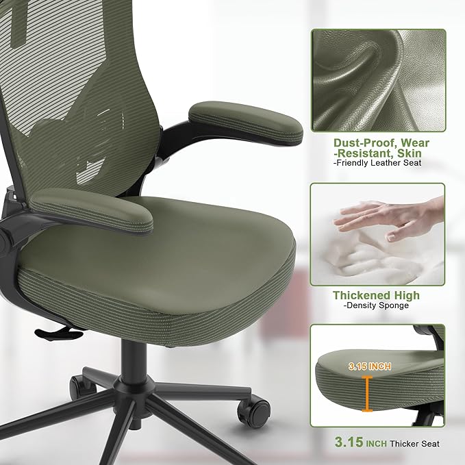 𝑯𝑶𝑴𝑬 𝑶𝑭𝑭𝑰𝑪𝑬 𝑪𝑯𝑨𝑰𝑹, Ergonomic Mesh Desk Chair, High Back Computer Chair- Adjustable Headrest with Flip-Up Arms, Lumbar Support, Swivel Executive Task Chair (Hunter Green, Modern) - LeafyLoom