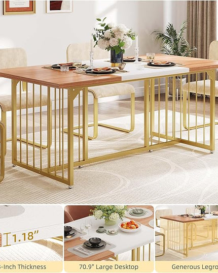 DWVO 70.8" Large Kitchen Dining Table for 6-8 People, Modern Rectangular Wood Dinner Table, Rustic Kitchen Table with Heavy Duty Metal Gold Legs for Dining Room - LeafyLoom