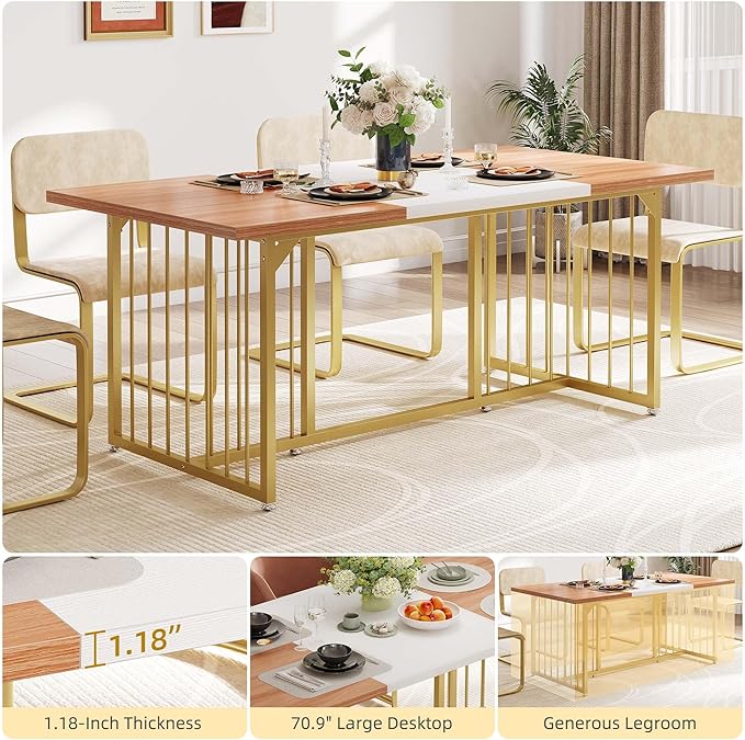 DWVO 70.8" Large Kitchen Dining Table for 6-8 People, Modern Rectangular Wood Dinner Table, Rustic Kitchen Table with Heavy Duty Metal Gold Legs for Dining Room - LeafyLoom
