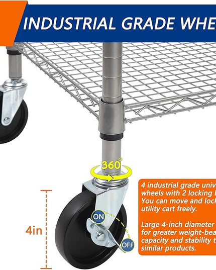 3 Tier Heavy Duty Rolling Utility Cart,18" D x 30" W x 36.6" H Rolling Carts with Wheels,Commercial Grade Metal Cart with Handle Bar & Shelf Liner,Trolley Serving Storage Cart for Kitchen Silver - LeafyLoom