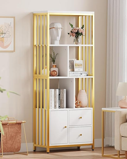 IDEALHOUSE Bookshelf with Drawers Modern Bookcase Storage Rack Shelf Tall Standing Bookshelves Metal Frame Large Gold Display Racks Book Shelf for Bedroom, Living Room, Home Office - LeafyLoom